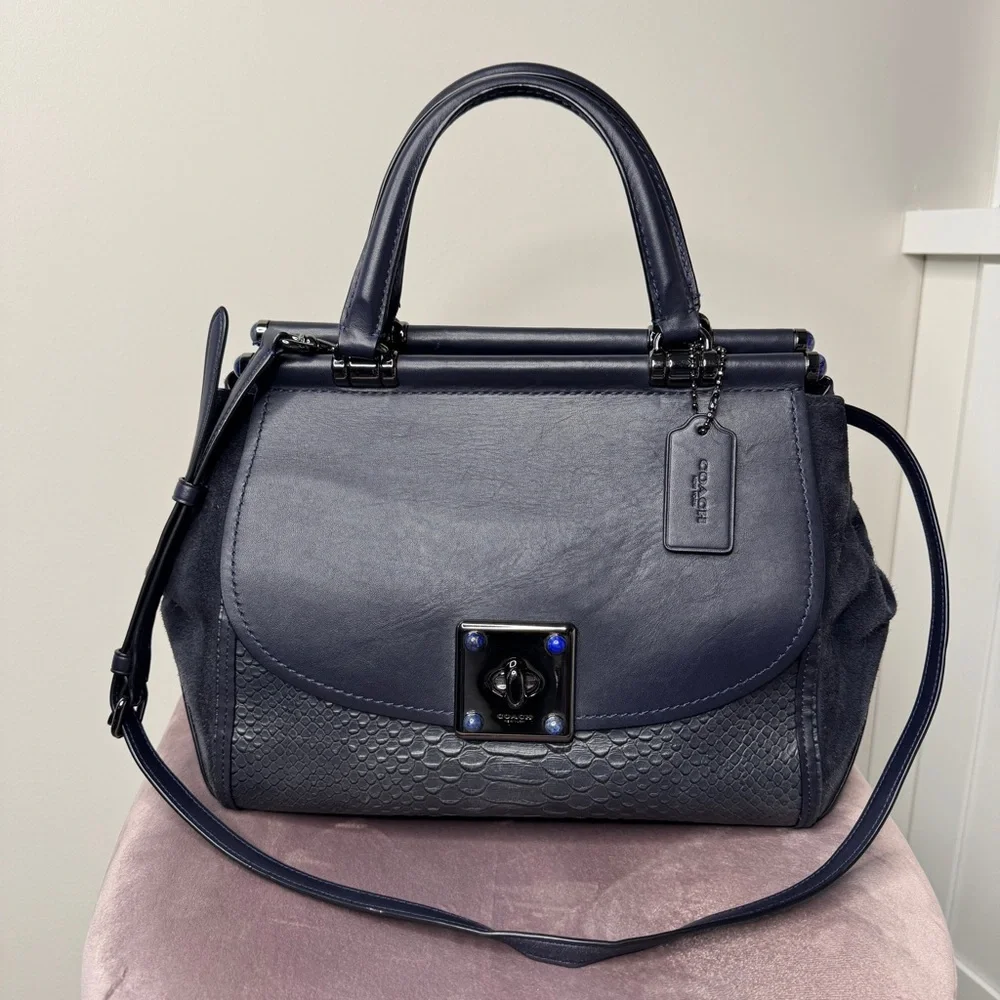 Coach Drifter Carryall Navy Snake Embossed Leather 2016 Gunmetal Hardware - Picture 2 of 15